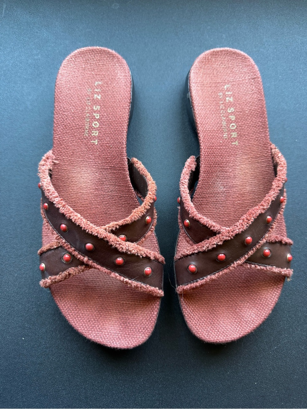 Liz Sport Red Studded Cross-Strap Slide Sandals